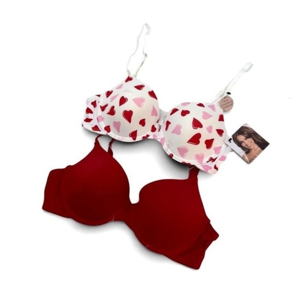 Thalia Sodi Bra Set 2 Pack Red &‎ Heart Print Underwire Bras Valentine New - 34C